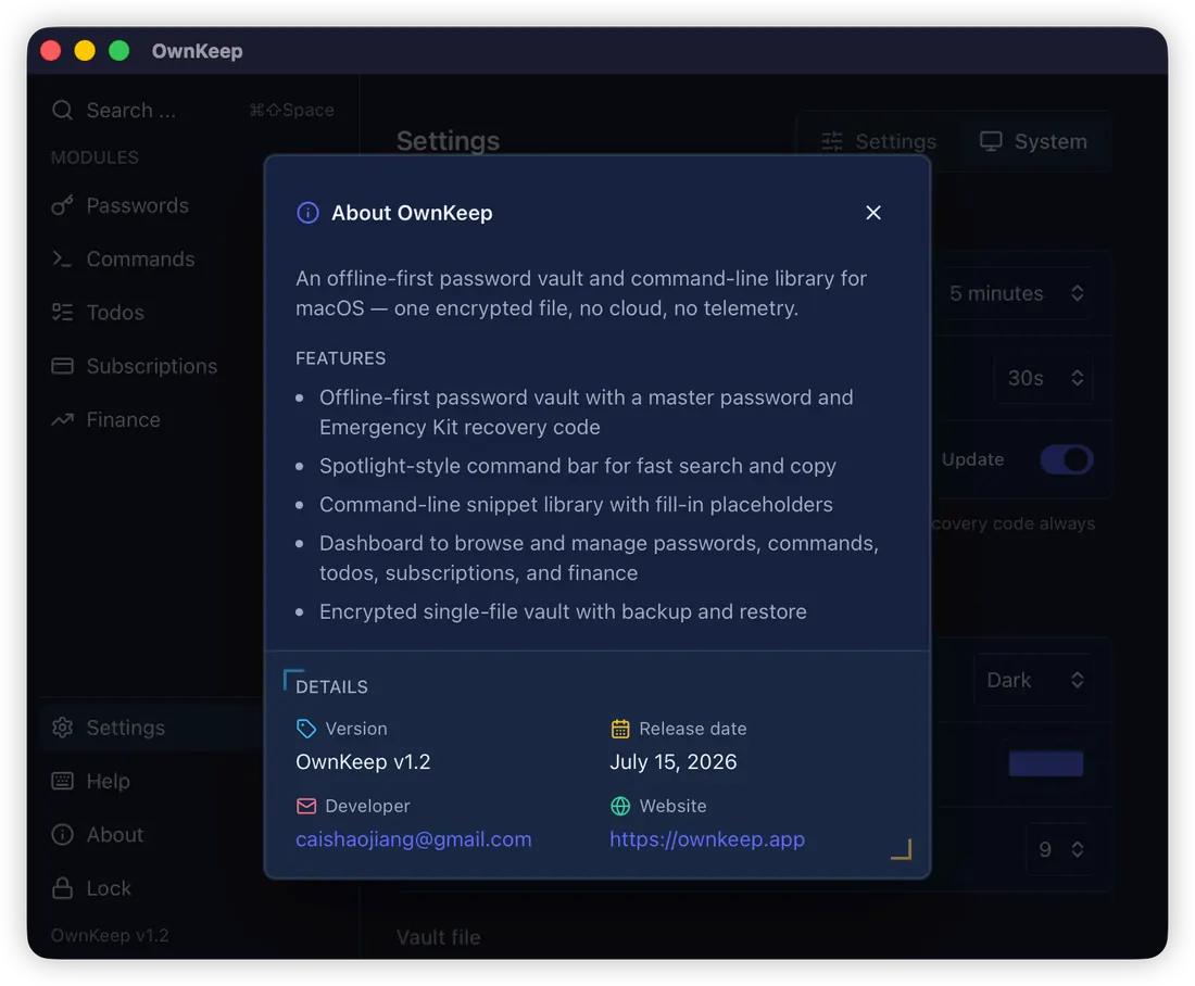 About OwnKeep dialog