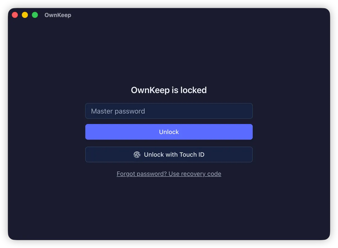 OwnKeep lock screen with master password and Touch ID