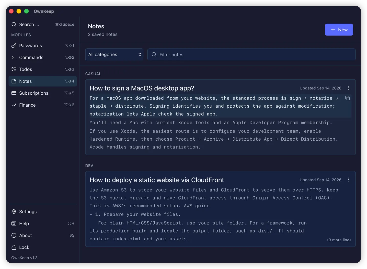 OwnKeep notes module
