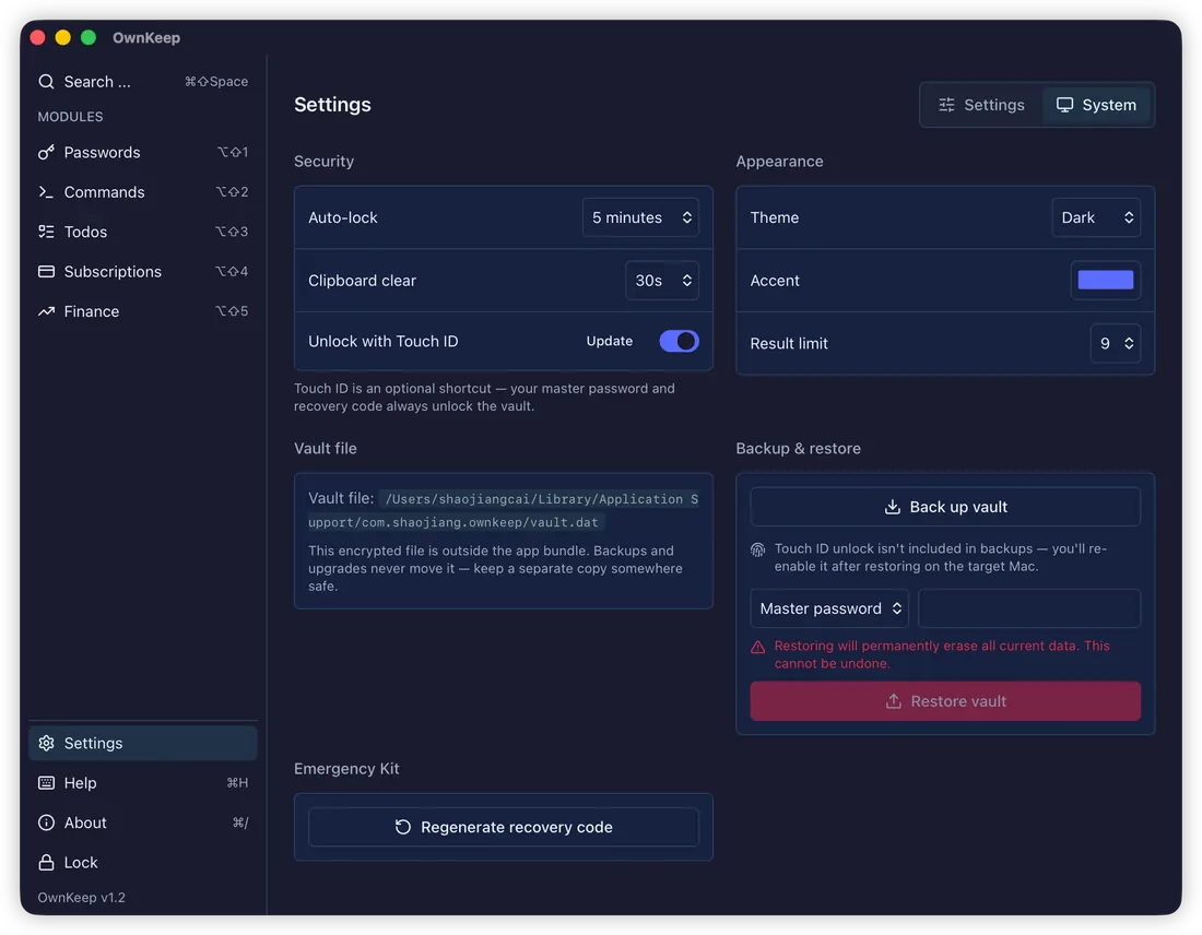 OwnKeep system settings — security, vault file, backup and Emergency Kit