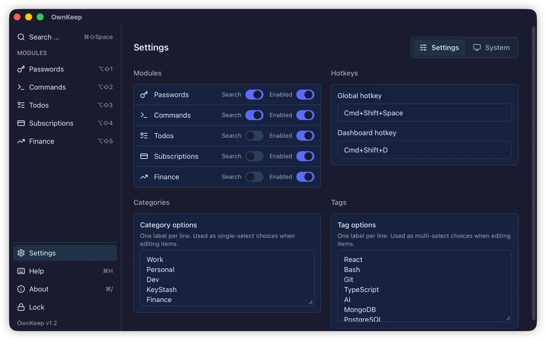 OwnKeep settings — modules, hotkeys, categories and tags